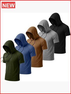 5 Pack Men's Short Sleeve Hoodies Loose Fit Pullover Sweatshirt Workout Top